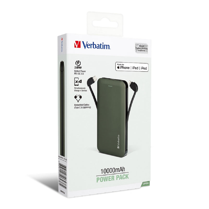 VERBATIM 10000mAh PD & QC 3.0 Power Pack with embedded cables