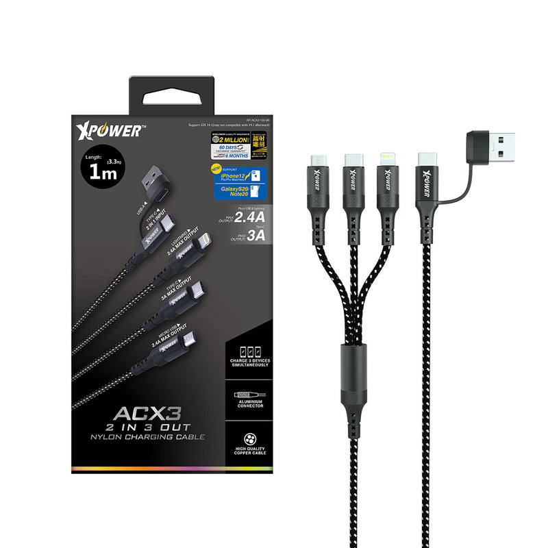 XPOWER ACX3 2出3高速充電編織線