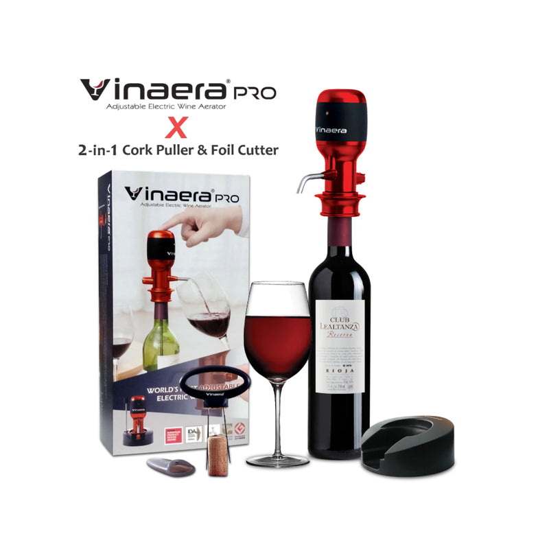 VINAERA Pro Adjustable Electronic Wine Aerator Professional Edition MV7 + Ah-So Foil Cutter Two-Prong Cork Puller Bundle